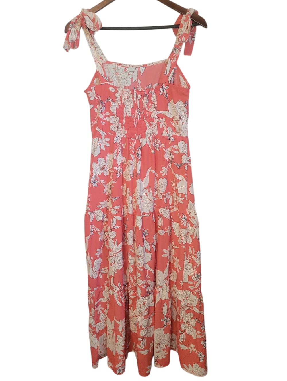 Social Standard Sanctuary Maxi Dress Small Coral Floral Tiered Tie Strap Resort - Picture 8 of 9